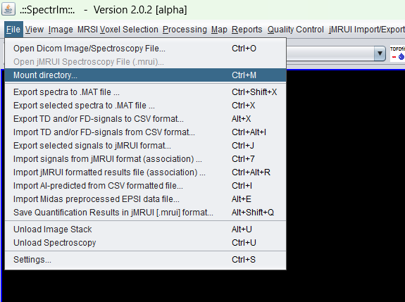 Legacy spectrIm-QMRS File menu Mount DICOM Directory command