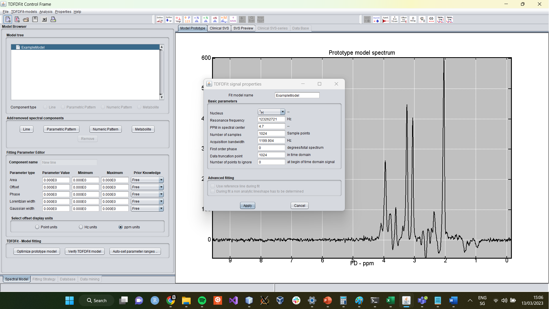 TDFDFit modelling frame with signal metadata dialog