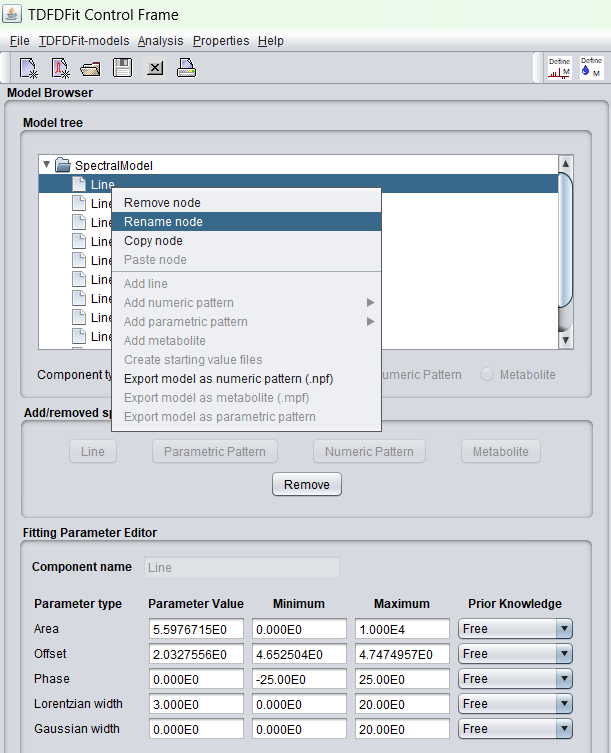 Context menu for renaming TDFDFit model components