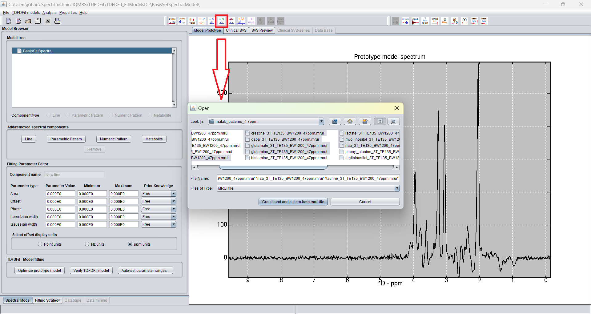 TDFDFitControl loading simulated MRUI basis-set patterns