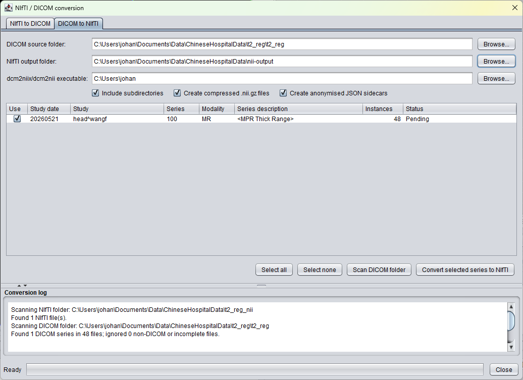 DICOM to NIfTI conversion tab in spectrIm-QMRS