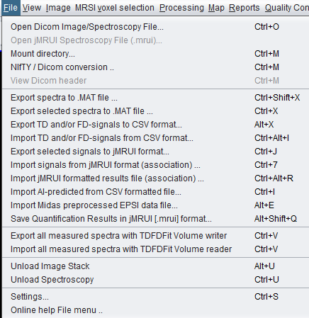 spectrIm-QMRS File menu showing the NIfTI DICOM conversion command