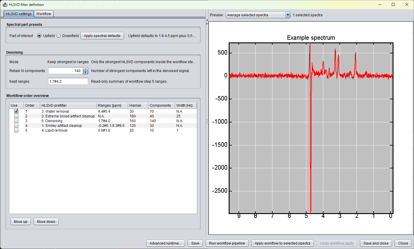 spectrIm-QMRS HLSVD filter definition GUI in version 3.0.1 Alpha