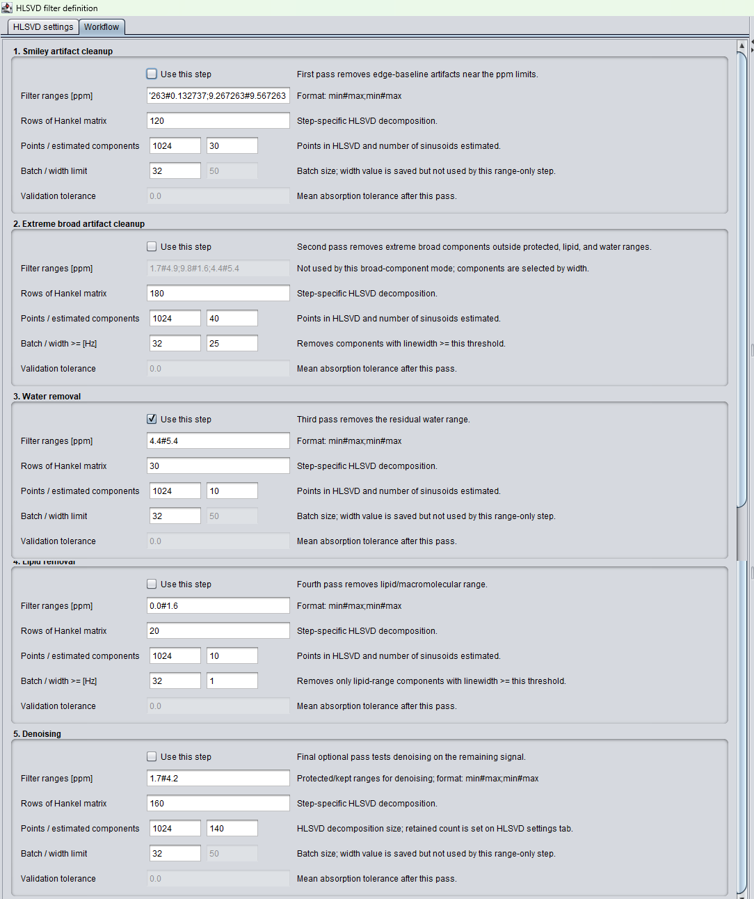 spectrIm-QMRS HLSVD filter definition Workflow tab showing all five workflow steps