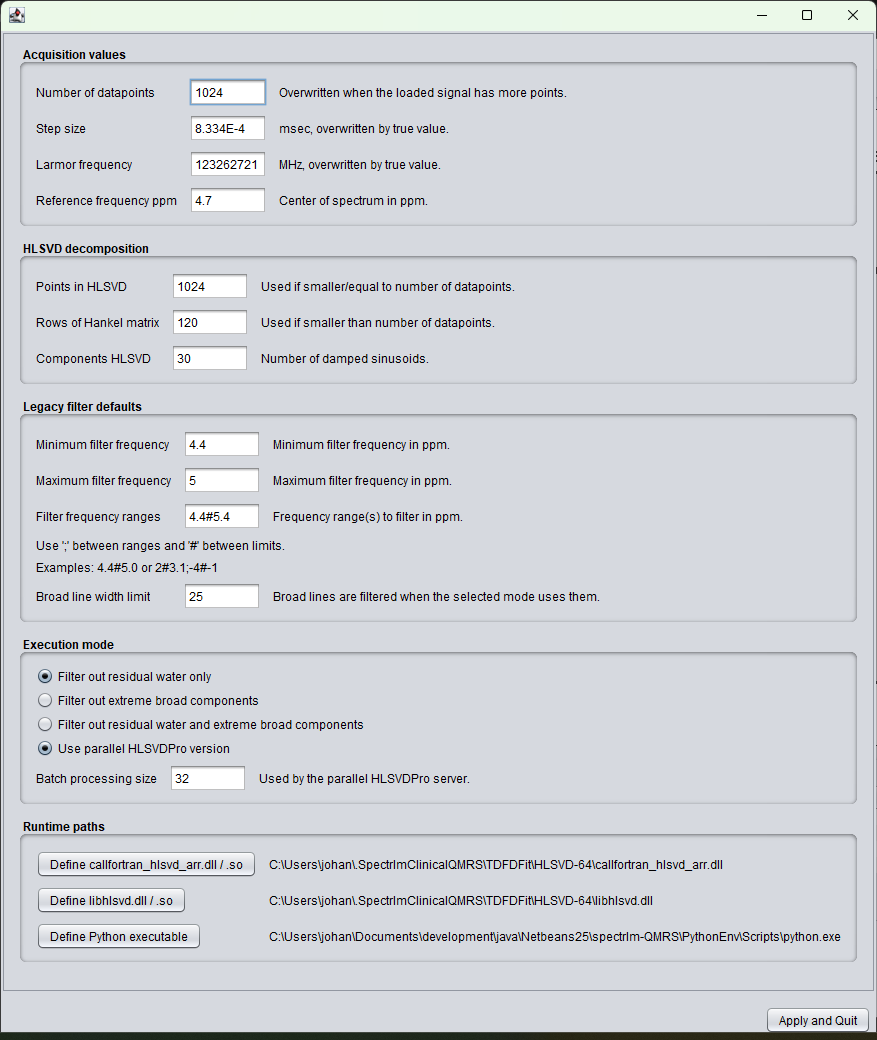Deprecated legacy HLSVD runtime settings window in spectrIm-QMRS version 3.0.1 Alpha