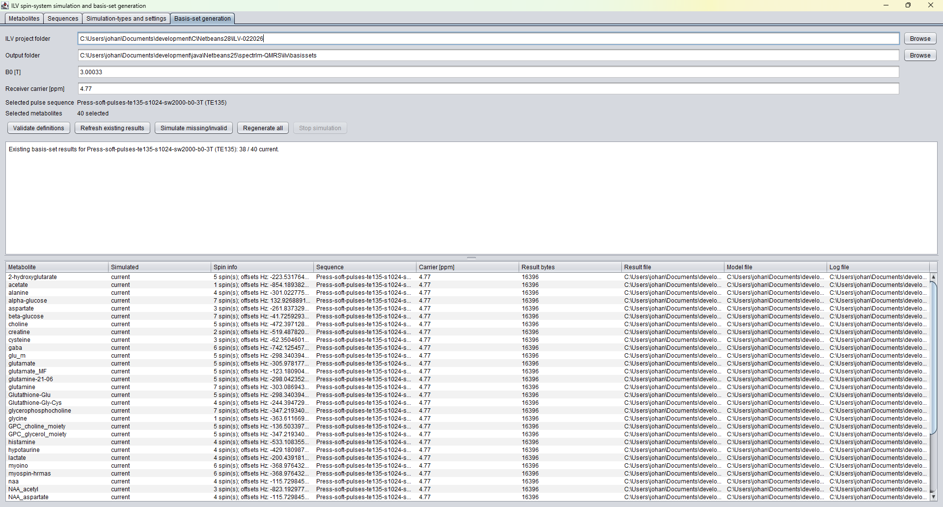 ILV basis-set generation tab with existing simulated metabolites