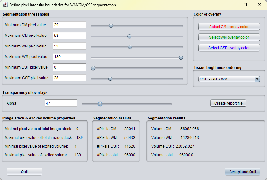 spectrIm-QMRS version 3.0.1 Alpha interactive WM GM CSF segmentation threshold dialog
