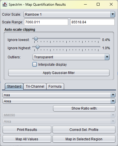 Map Quantification Results popup with auto-scale clipping, transparent outliers, display interpolation, and Gaussian smoothing controls