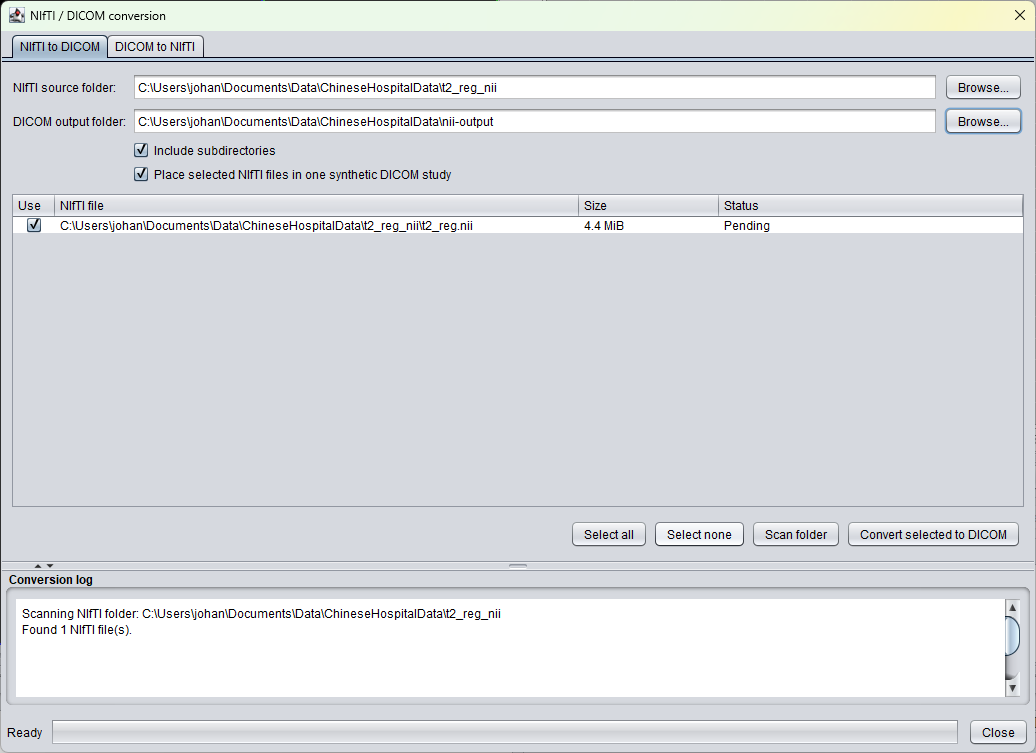 NIfTI to DICOM conversion tab in spectrIm-QMRS