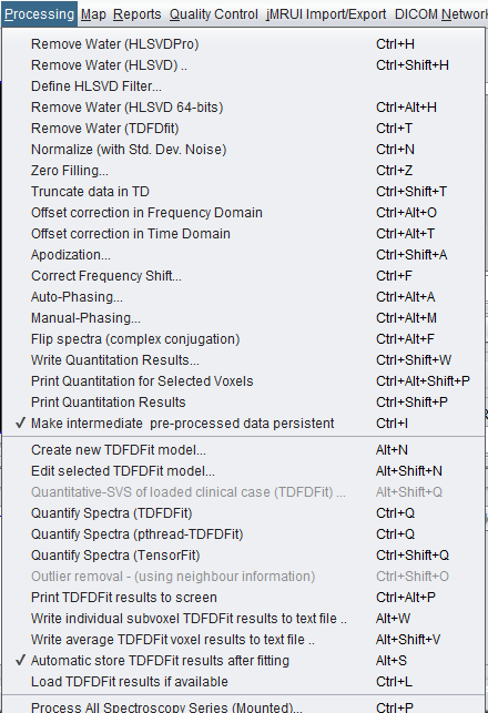 spectrIm-QMRS version 3.0.1 Alpha Processing menu