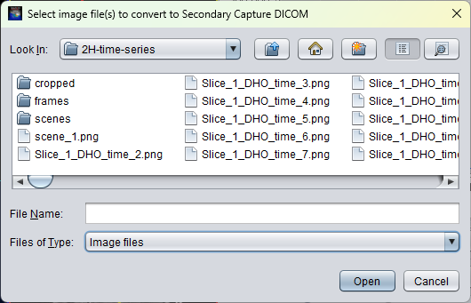 Multi-file image selection dialog for choosing local image files to convert to Secondary Capture DICOM
