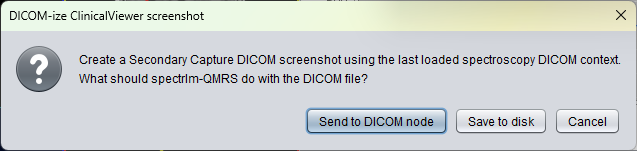 Dialog asking whether to send the Clinical Viewer screenshot to a DICOM node or save it to disk