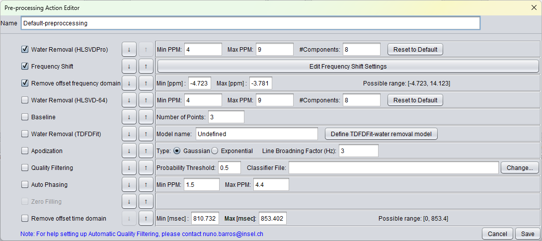 Pre-processing Action Editor with HLSVDPro, Frequency Shift, and FD offset removal enabled