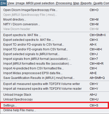 spectrIm-QMRS version 3.0.1 Alpha File menu with Settings item highlighted