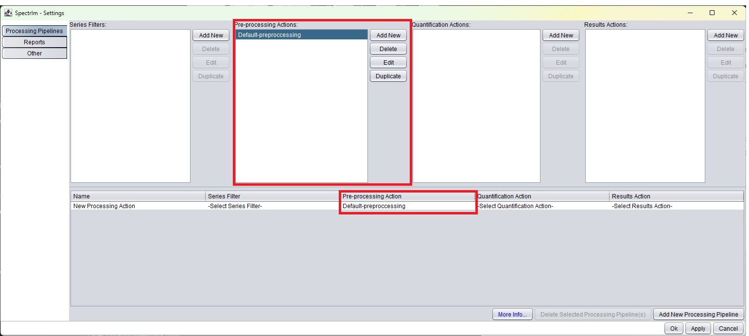 Settings window showing Default-preprocessing in Pre-processing Actions