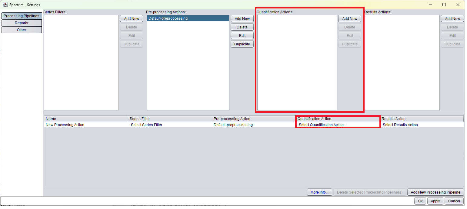 Settings window with Quantification Actions area highlighted