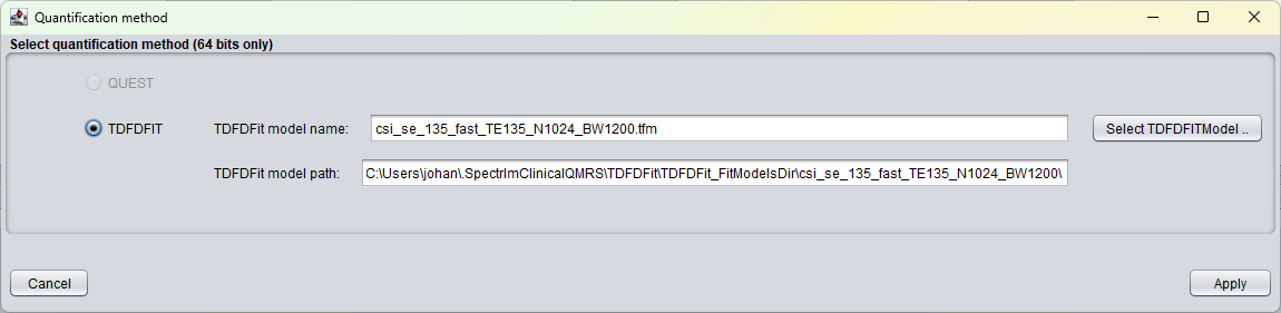 Quantification method window with TDFDFit model selection