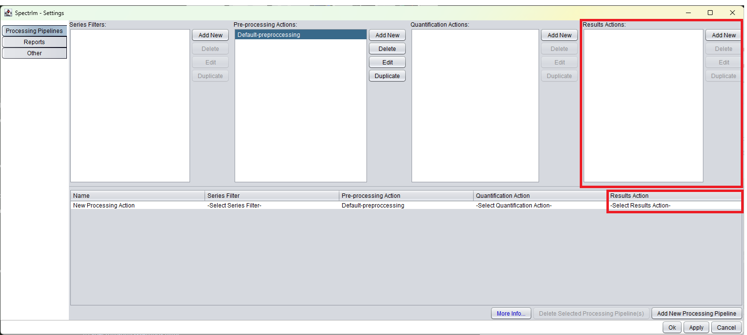 Settings window with Results Actions area highlighted