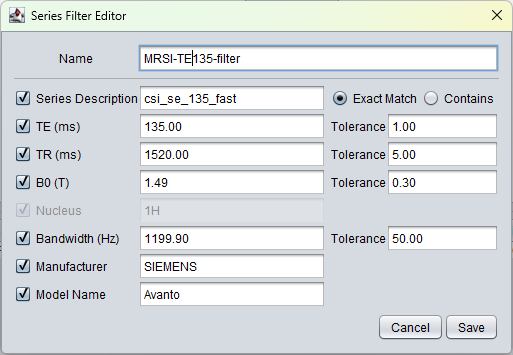 Series Filter Editor popup