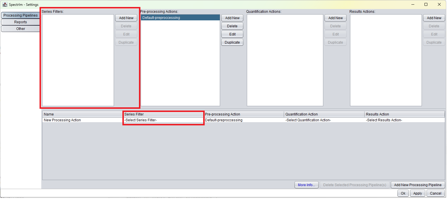 Settings window with Series Filters area highlighted