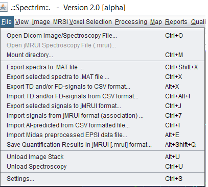 spectrIm-QMRS displaying the file menu