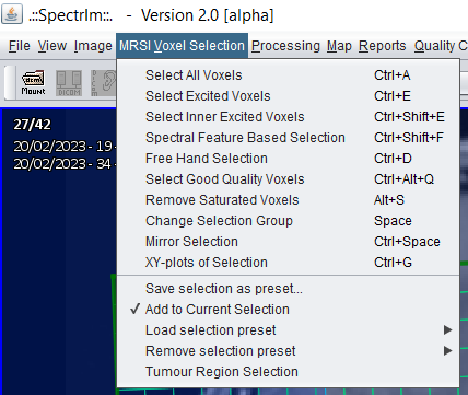 spectrIm-QMRS displaying MRSI voxel selection menu.