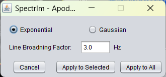 Graphical user interface to set type of apodization and apodization broadening factor.