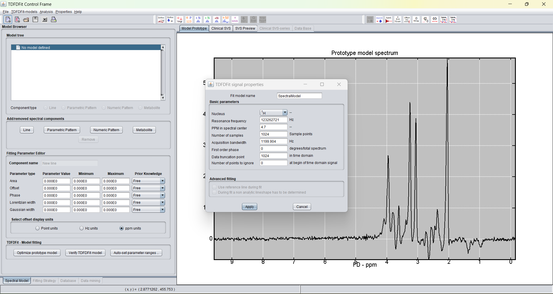 Graphical user interface to set HLSVD filtering properties.