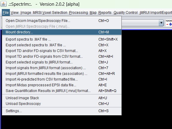 spectrIm-QMRS-MainMenu and Toolbar with mount directory button highlighted