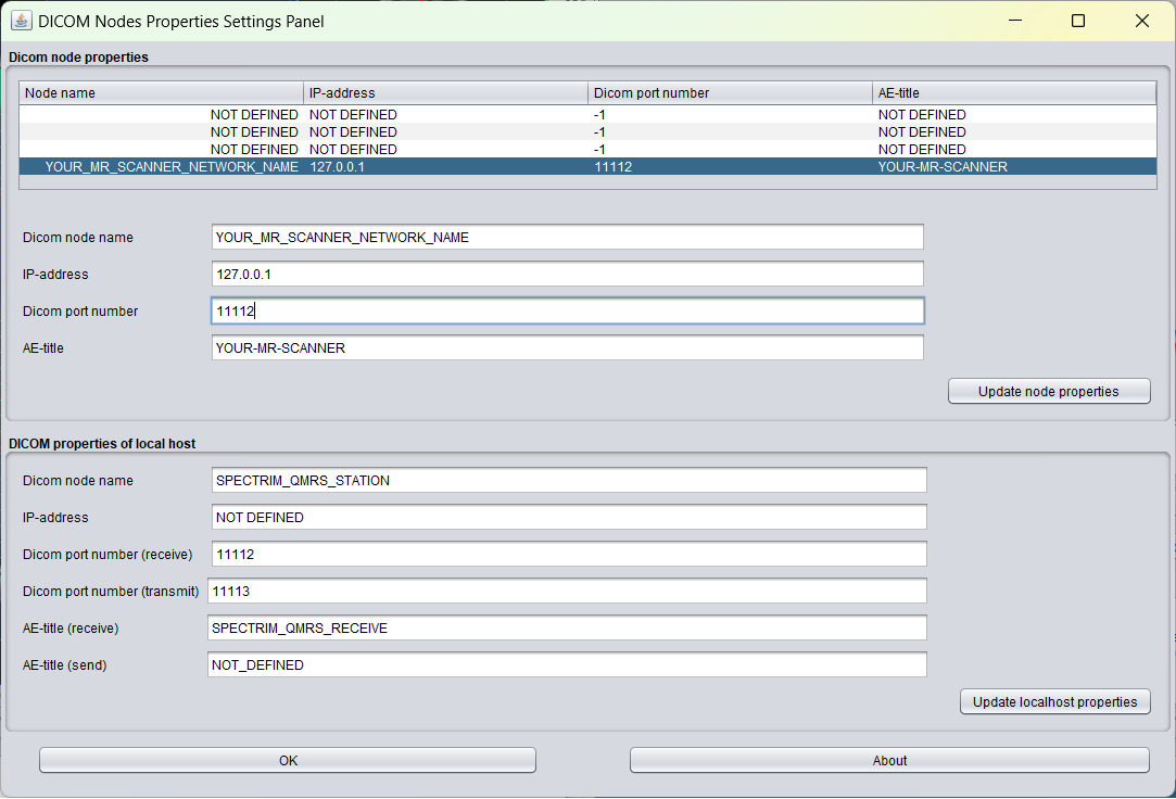 Pop up enabling the definition of DICOM network tranfer related (IP) properties