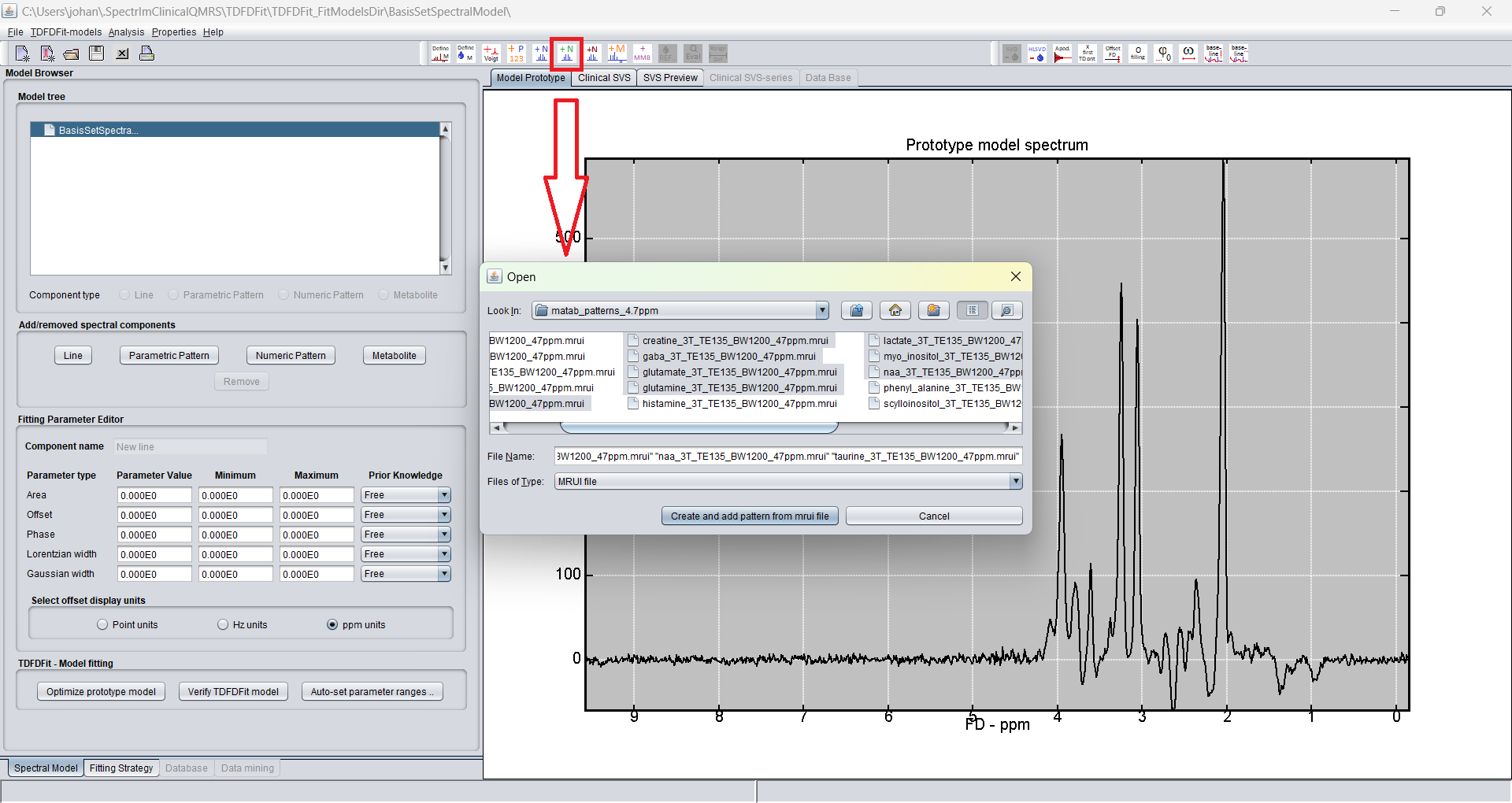 spectrIm-QMRS: directly after launch of TDFDFit modelling tool and loading mrui-typed basis set